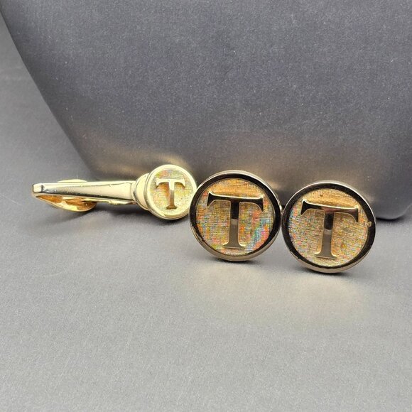 VTG Shields Gold Tone Monogram T Cufflinks & Tie Clip Set 1.5" & .75" Textured - Picture 1 of 9